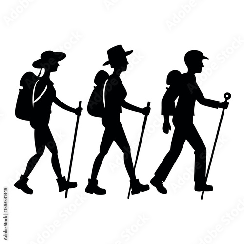 Three hikers with backpacks and trekking poles walking together