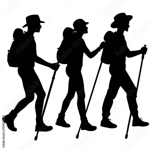 Three hikers with backpacks and trekking poles walking together