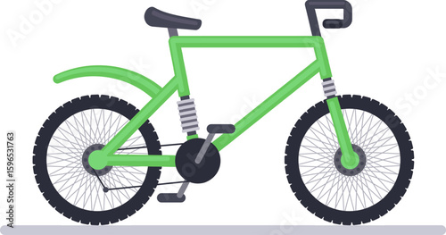 Green bicycle featuring black tires, pedals, saddle, and handlebar grips, positioned on a gray surface. Side view highlighting its shock absorbers and modern design