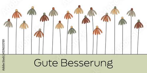 Gute Besserung - Schriftzug in deutscher Sprache. Banner mit bunten Herbstblumen.
