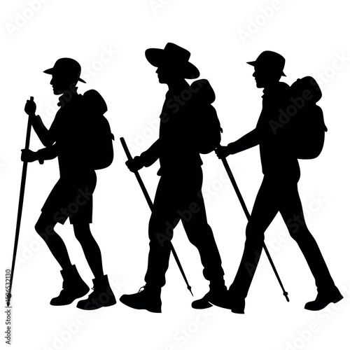 Three hikers with backpacks and trekking poles walking together