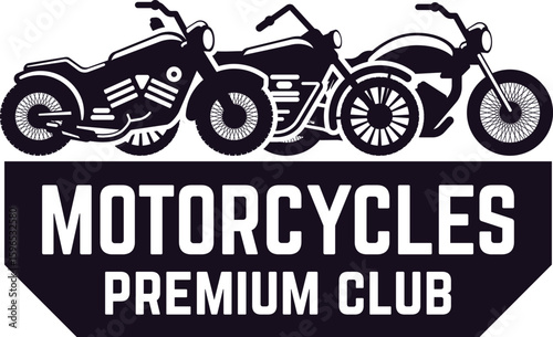 Stylish monochrome logo for a premium motorcycles club, featuring three classic motorcycles parked side by side, conveying a sense of camaraderie and exclusivity