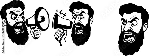 Three vector cartoons of a man screaming using a horn megaphone. black and white
