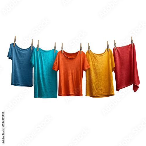 Colorful shirts drying on a clothesline