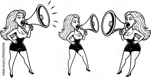 Three vector cartoons of a sexy woman screaming using a horn megaphone. black and white
