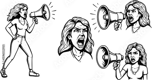 Three vector cartoons of a sexy woman screaming using a horn megaphone. black and white

