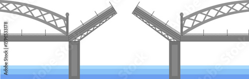 Double bascule bridge featuring a metal arch and sturdy concrete pillars, opening and closing over water, facilitating the passage of boats and ships for efficient navigation