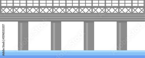Seamless horizontal illustration of a bridge structure crossing a river, featuring concrete pillars supporting the roadway and metal railings ensuring safety