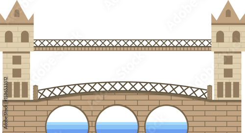 Double decker bridge with a brick base and crisscrossing metal railings, spanning a body of blue water with tall towers on each side, creating a visually appealing architectural structure