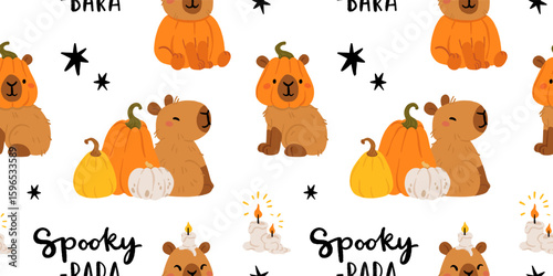 Cute Halloween capybara seamless pattern, spooky cartoon capybaras dressed as mummy, ghost, witch, pumpkin, with gravestone, candles, broom, toilet paper and pumpkins, kawaii animal vector background