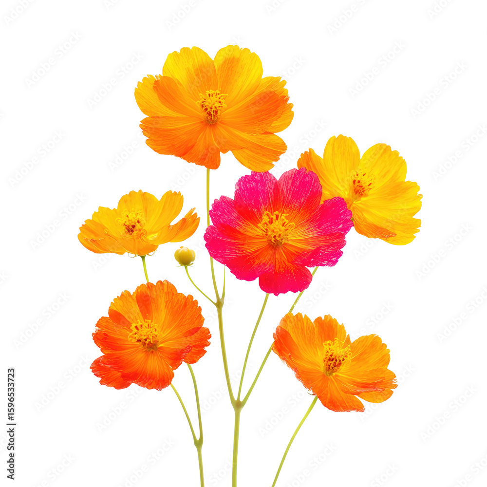Fototapeta premium Colorful Vibrant Flowers Arrangement in Bright Shades of Yellow, Pink and Orange Against a Clean White Background