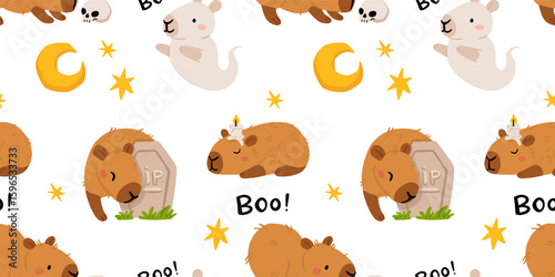 Cute Halloween capybara seamless pattern, spooky cartoon capybaras dressed as mummy, ghost, witch, pumpkin, with gravestone, candles, broom, toilet paper and pumpkins, kawaii animal vector background