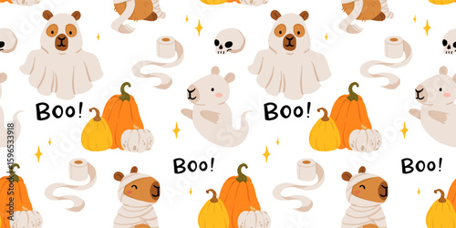 Cute Halloween capybara seamless pattern, spooky cartoon capybaras dressed as mummy, ghost, witch, pumpkin, with gravestone, candles, broom, toilet paper and pumpkins, kawaii animal vector background
