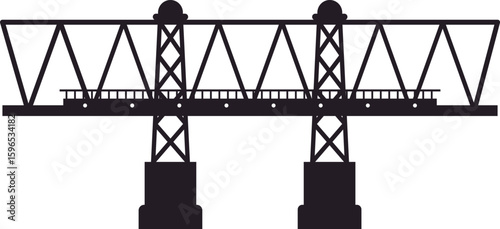 Simple black and white silhouette of cantilever bridge with two towers and crossbeams spanning a river or strait, ideal for industrial or travel concepts