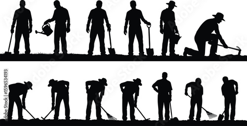 Gardener silhouettes vector, watering plants, digging soil, raking leaves, outdoor farming work, landscaping tools illustration, black design, nature maintenance artwork
