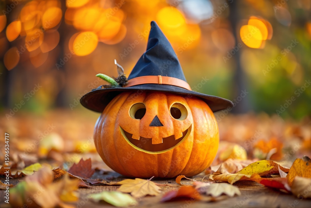 Naklejka premium A carved pumpkin with a witch hat and a spooky face sits among autumn leaves