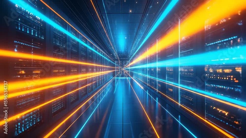 Futuristic Data Center Flight: Navigating a Server Corridor with Glowing Streams of Digital Information