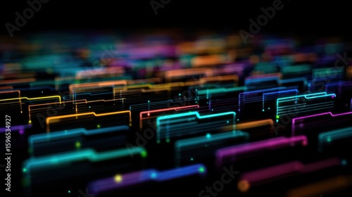 Abstract network grid with files and folders, futuristic software interface, digital document management system, store, search and organize documents, corporate business, paperless office