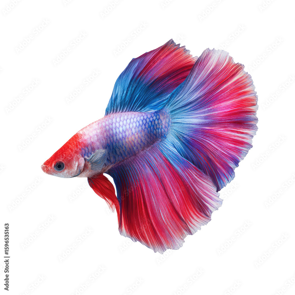 Fototapeta premium Vibrant Betta Fish with Striking Blue and Red Colors Swimming Elegantly in Clear Water Background