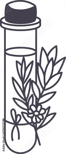 Test tube containing essential oil and decorated with a sprig of medicinal herbs tied with a ribbon, representing aromatherapy, naturopathy and homeopathy
