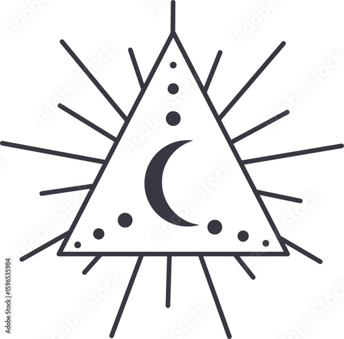 Minimalist vector illustration featuring a crescent moon inside a triangle, radiating light and embodying themes of spirituality, mysticism, and celestial energy
