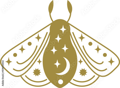 Mystical golden moth with open wings, decorated with crescent moon, stars and dots, flying in the night sky, representing esoteric concepts and spirituality