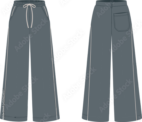 Loose fit pants flat sketch, fashion cad drawing, front and back view, drawstring waist trousers, technical garment design vector