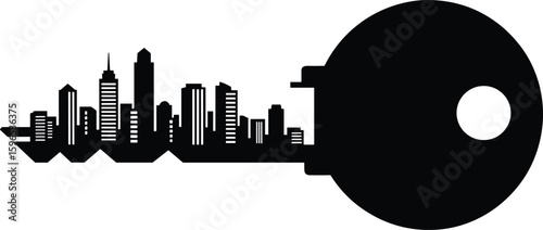 Key-shaped city skyline silhouette, urban real estate concept, modern architecture design, black and white cityscape vector, creative city art