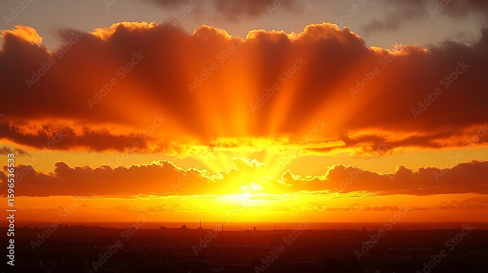 Obraz premium Fiery sunset rays burst through dramatic clouds above a distant cityscape silhouetted against the fiery horizon
