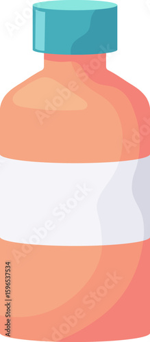 Peach colored medicine bottle with blank white label and turquoise cap, suggesting medical treatment, healthcare, pharmacy, and pharmaceutical industry