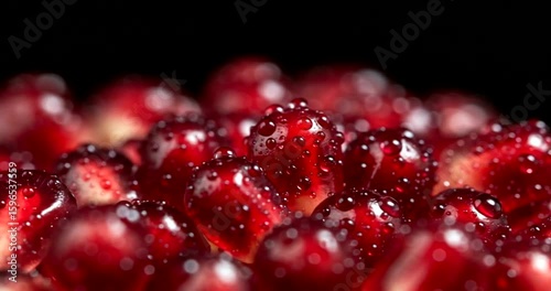 Close-up of glistening pomegranate seeds with droplets
