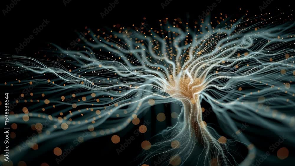 An abstract data visualization of an AI neural network learning and growing from a central CPU core.