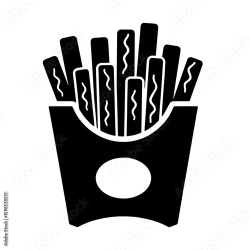 Classic French Fries Carton - Fast Food Icon Silhouette, 
Simple Black and White Potato Fries Graphic, Isolated French Fry Symbol - Delicious Snack Vector, Minimalist Fast Food Element.