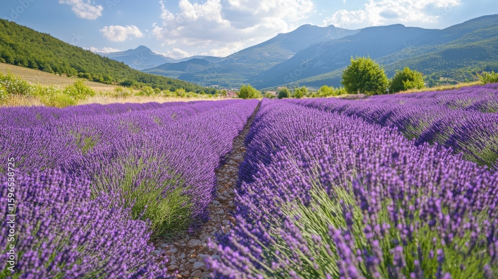 Fototapeta premium Lush lavender field stretches towards a mountain range.
