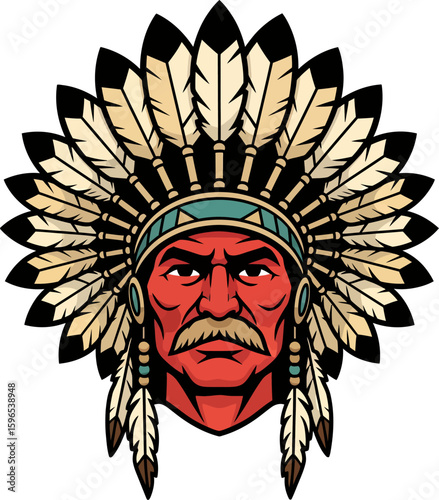 Illustration of a Native American chief's head wearing a traditional feathered headdress, with a stern expression.
