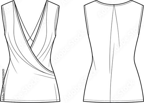 Sleeveless wrap blouse, women’s fashion top, flat vector technical sketch, detailed front and back view, CAD apparel design, clothing illustration