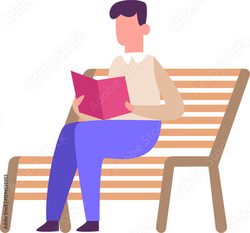 Man enjoying reading interesting literature while sitting and relaxing on bench, spending free time outdoors, studying or preparing for exam, literature fan