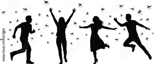 Silhouettes of active people running, jumping with joy, mosquito swarm around, outdoor fun scene, insect invasion, bold vector art