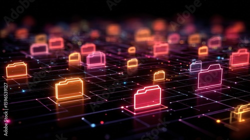 Abstract network grid with files and folders, futuristic software interface, digital document management system, store, search and organize documents, corporate business, paperless office