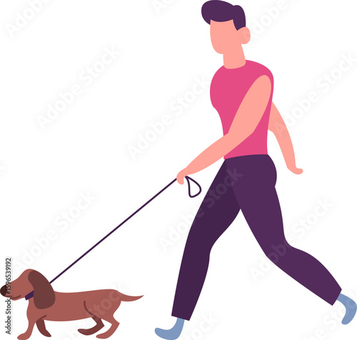 Young man walking his dachshund dog on a leash, enjoying a leisurely stroll outdoors, promoting responsible pet ownership and an active lifestyle