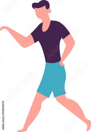 Young barefoot man wearing shorts and a t shirt walks while gesturing with his hand, actively communicating and perhaps explaining something during a leisurely summer day