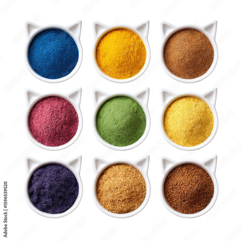 Fototapeta premium Colorful Spices in Cat-Shaped Bowls Display a Vibrant Array of Natural Powdered Ingredients for Cooking or Decoration