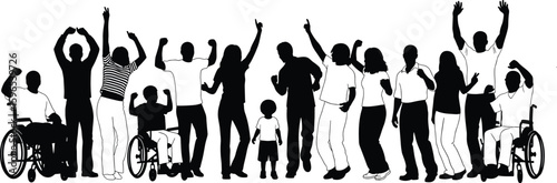 Silhouettes of diverse people celebrating, inclusive community gathering, joyful unity with children, adults, wheelchair users, accessibility, social support, happiness