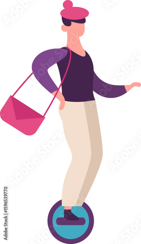Young trendy person wearing beret and messenger bag is riding one wheel self balancing electric scooter, moving forward with one hand on their back pocket and the other outstretched