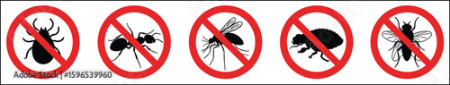 Silhouettes of insects in red prohibition signs, pest control vector design, bug prevention concept, insect repellent, isolated graphic icons