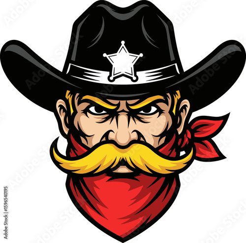 Stern-faced cowboy sheriff,  wide-brimmed hat, prominent mustache, red bandana.