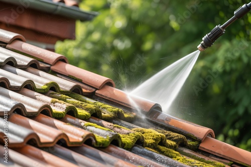 A close-up view shows a powerful stream of water from a pressure washer cleaning green moss off of orange-red roof tiles.