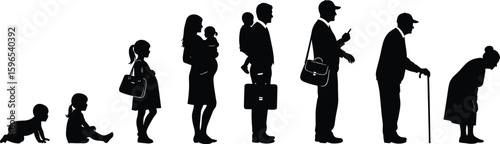 Silhouettes showing human life stages from baby to elderly, growth timeline, aging process, generational development, family evolution vector art