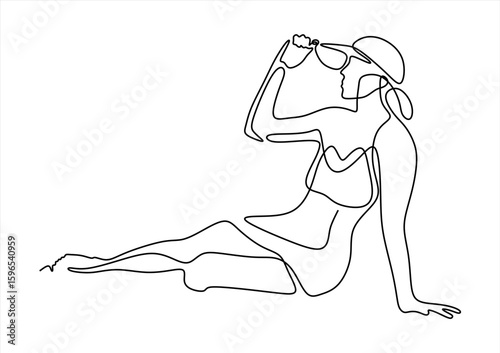 one continuous line drawing of beautiful woman with big hat.one line drawing of noble woman's dress style.single line vector illustration.isolated on white background