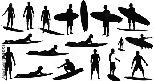 Surfer silhouette vector pack, surfing poses collection, standing paddling lying down, surfboard activity, beach sport illustration, ocean lifestyle artwork
